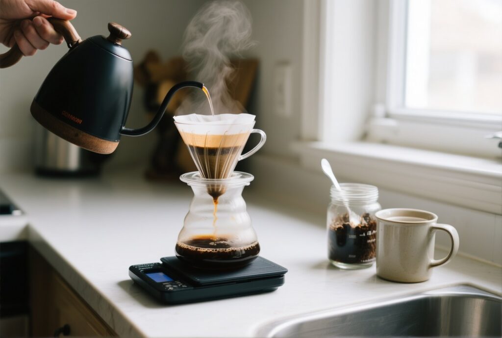 Pouring hot water from a black gooseneck kettle over a pour-over dripper into a glass carafe on a brewing scale in a bright home kitchen